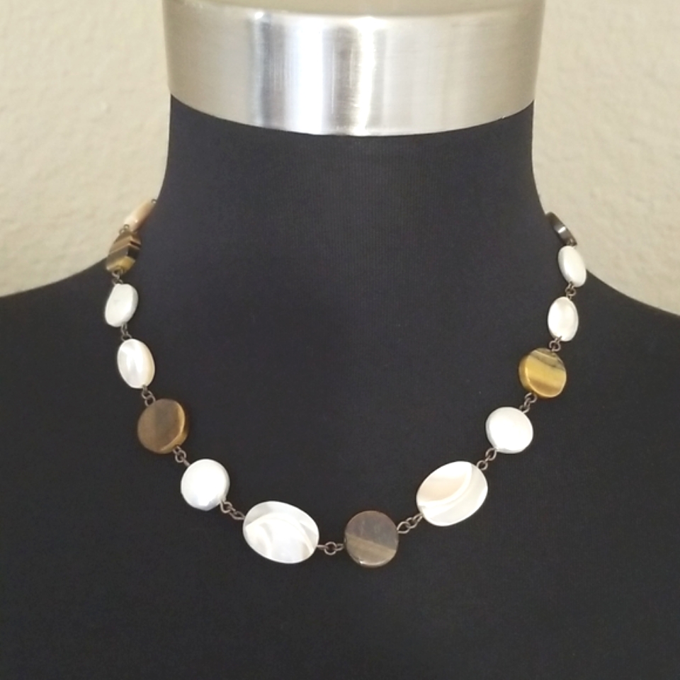 Vintage Tiger Eye Shell Pearl Necklace